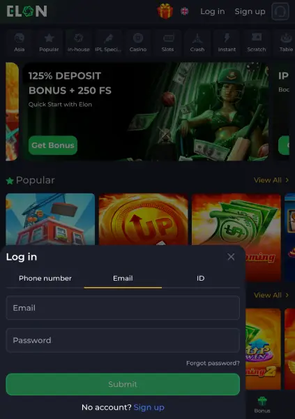 Log in to your Elon Mobile Casino account