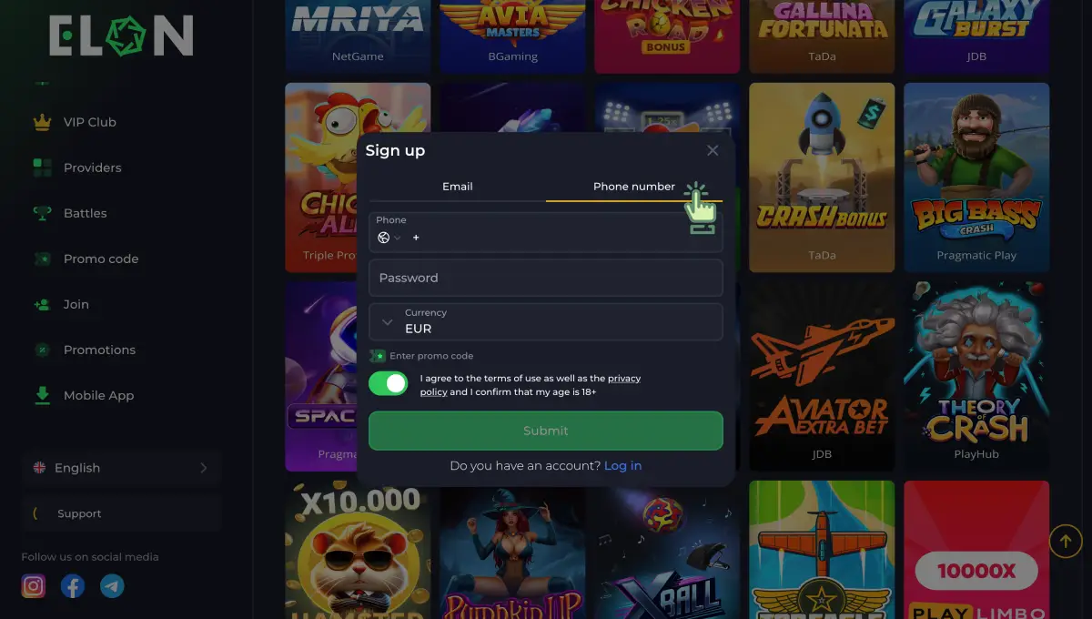 Sign up on the official Elon Casino website